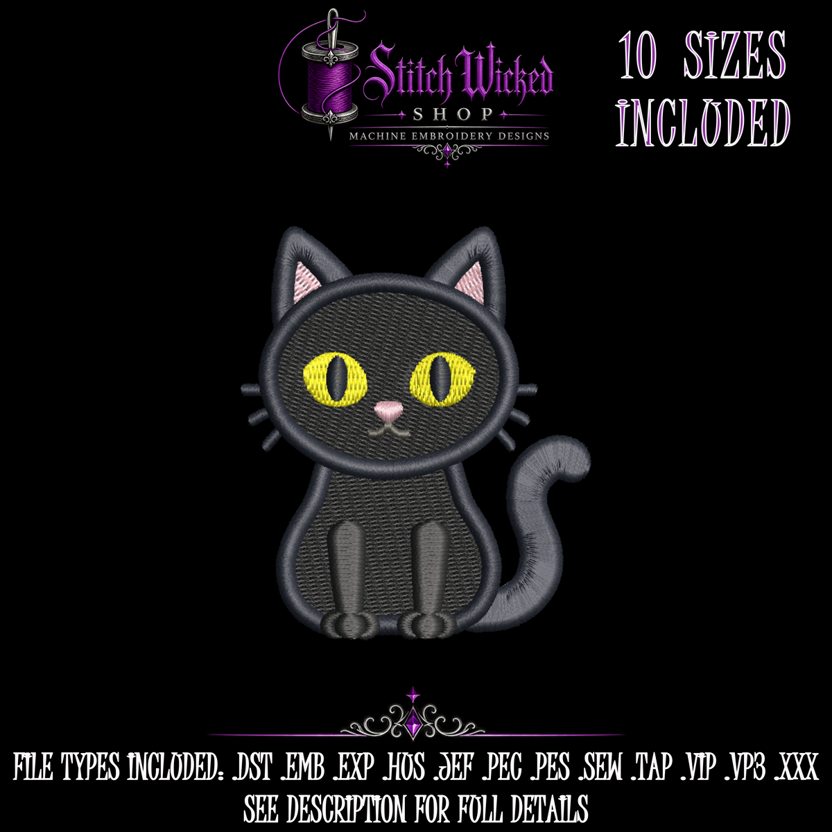 Cute Black Cat Halloween Embroidery Design, 10 Sizes
