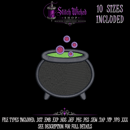 Cute Witch's Cauldron Halloween Embroidery Design, 10 Sizes
