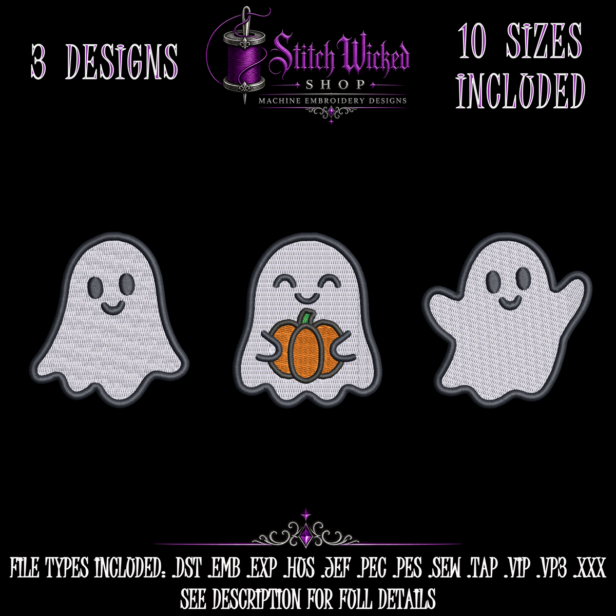 Cute Ghosts Halloween Embroidery Design Bundle, 3 Designs With 10 Sizes