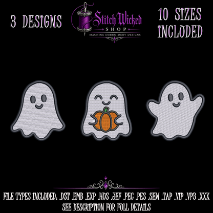 Cute Ghosts Halloween Embroidery Design Bundle, 3 Designs With 10 Sizes