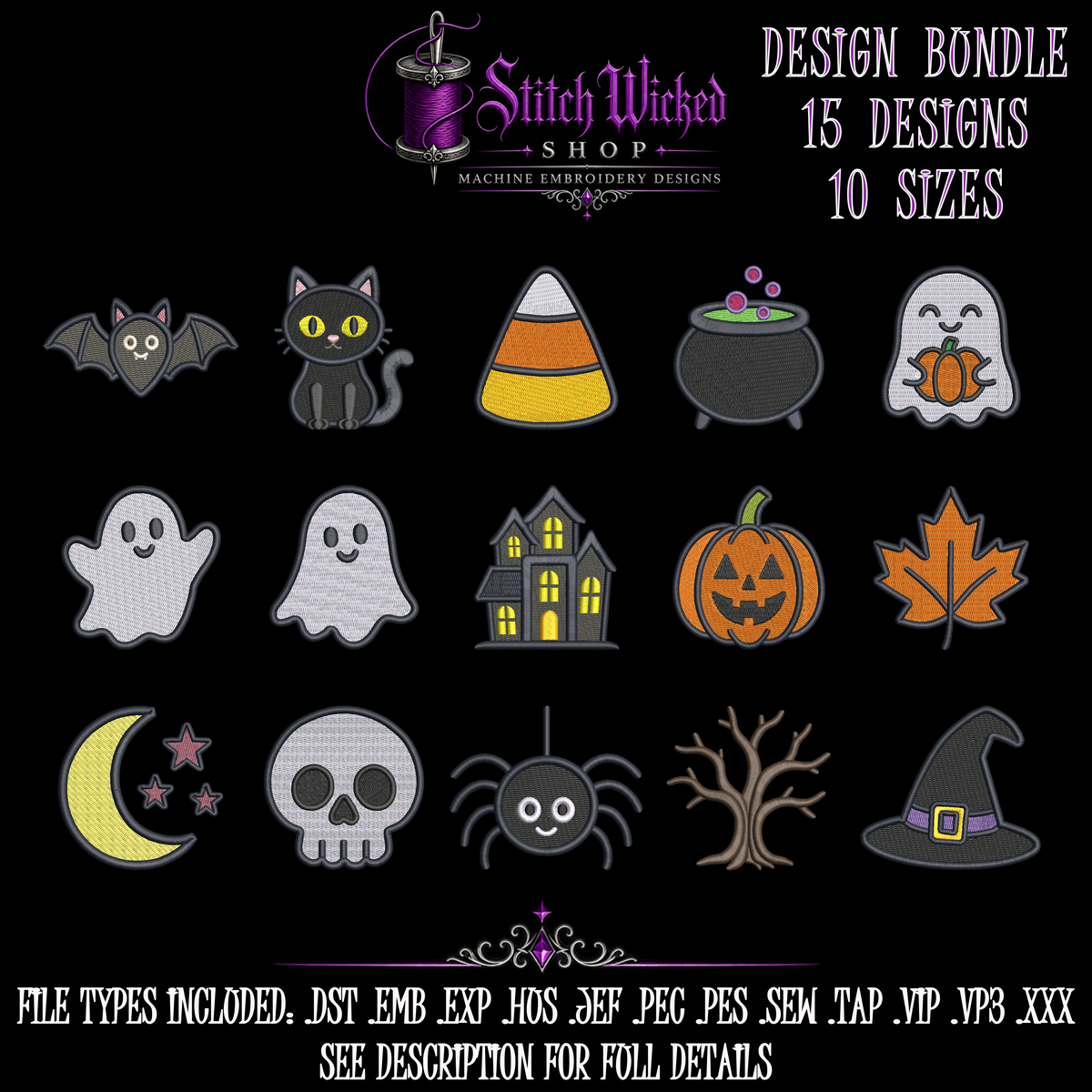 Cute Haunted Halloween Embroidery Design Bundle, 15 Designs With 10 Sizes