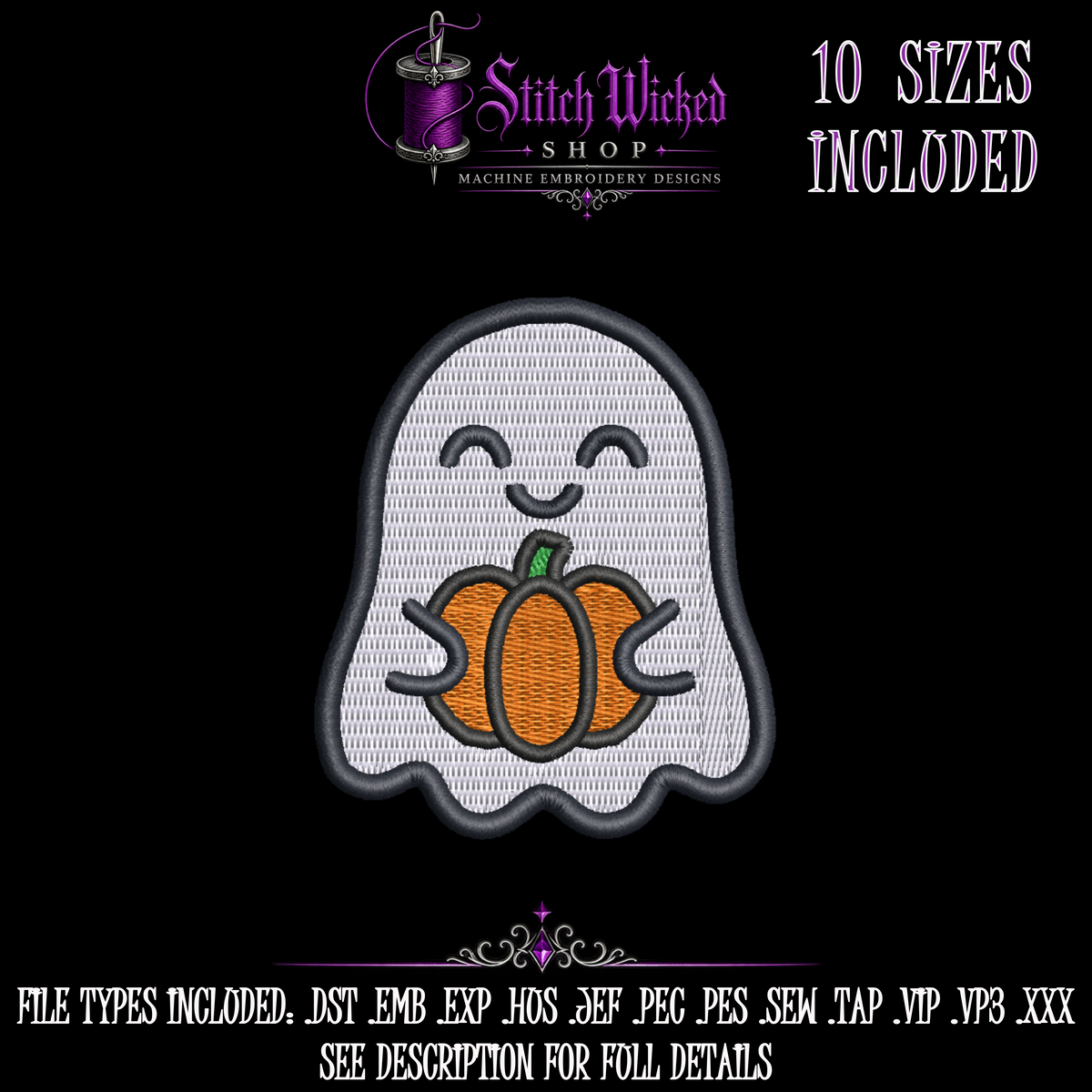 Cute Pumpkin Ghost Halloween Embroidery Design, 10 Sizes Included