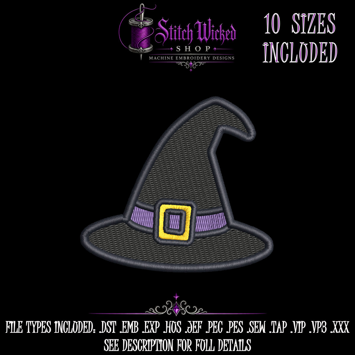 Cute Witch Hat Halloween Embroidery Design, 10 Sizes Included