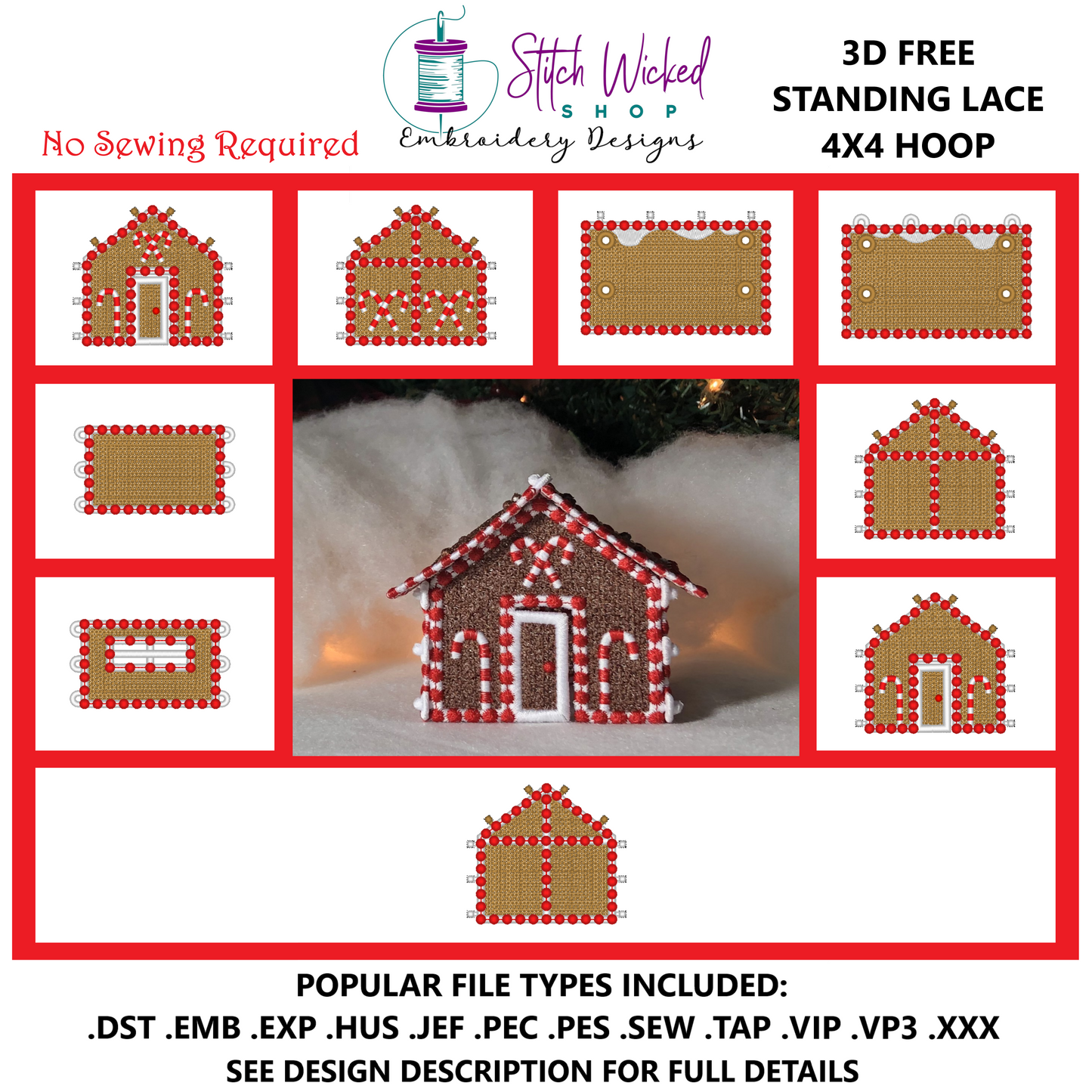 Free Standing Lace 3D Decorated Gingerbread House Machine Embroidery Designs, 4X4 Christmas Village Cottage
