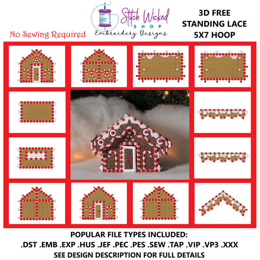Free Standing Lace 3D Decorated Gingerbread House Machine Embroidery Designs, 5X7 Christmas Village Cottage