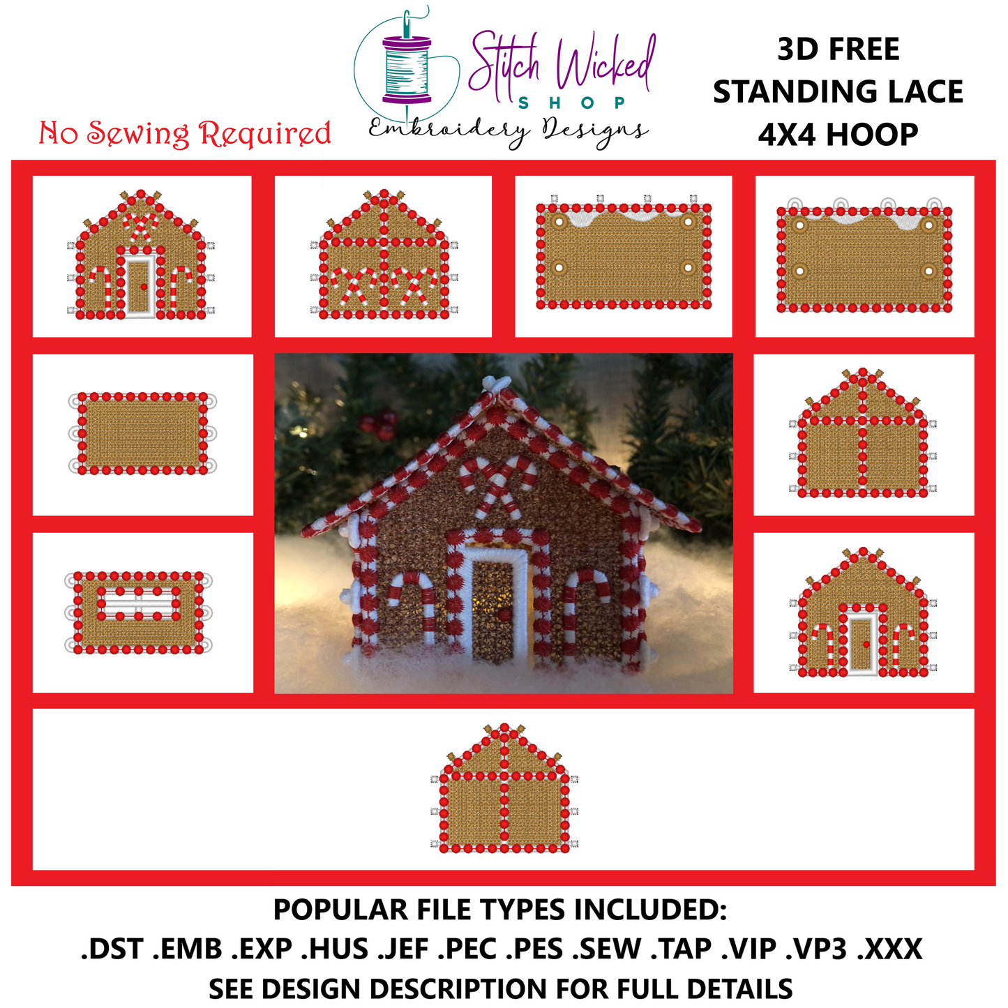 Free Standing Lace 3D Decorated Gingerbread House Machine Embroidery Designs, 4X4 Christmas Village Cottage