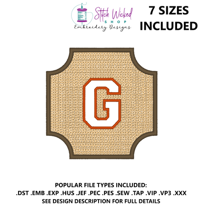 Embossed Varsity Letter Monogram Embroidery Design, Letter G