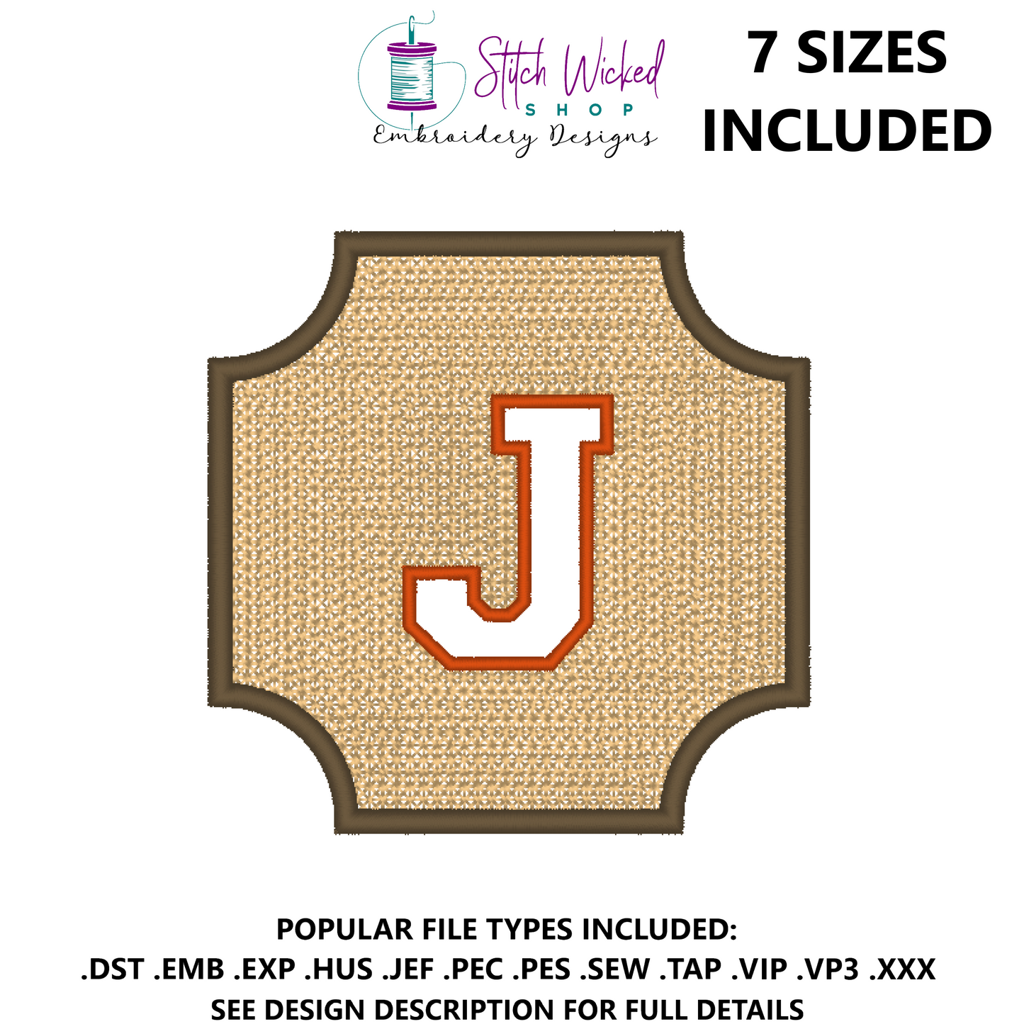 Embossed Varsity Letter Monogram Embroidery Design, Letter J