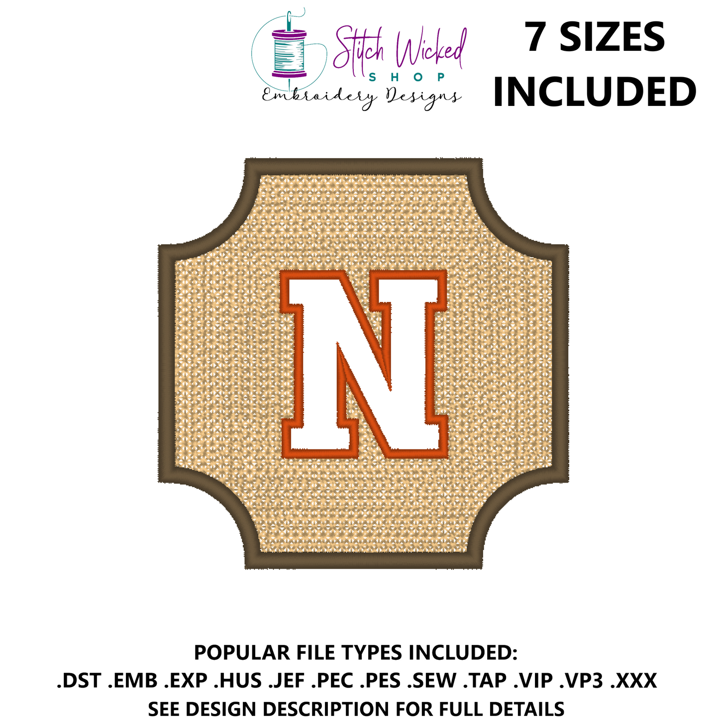 Embossed Varsity Letter Monogram Embroidery Design, Letter N