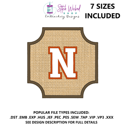 Embossed Varsity Letter Monogram Embroidery Design, Letter N