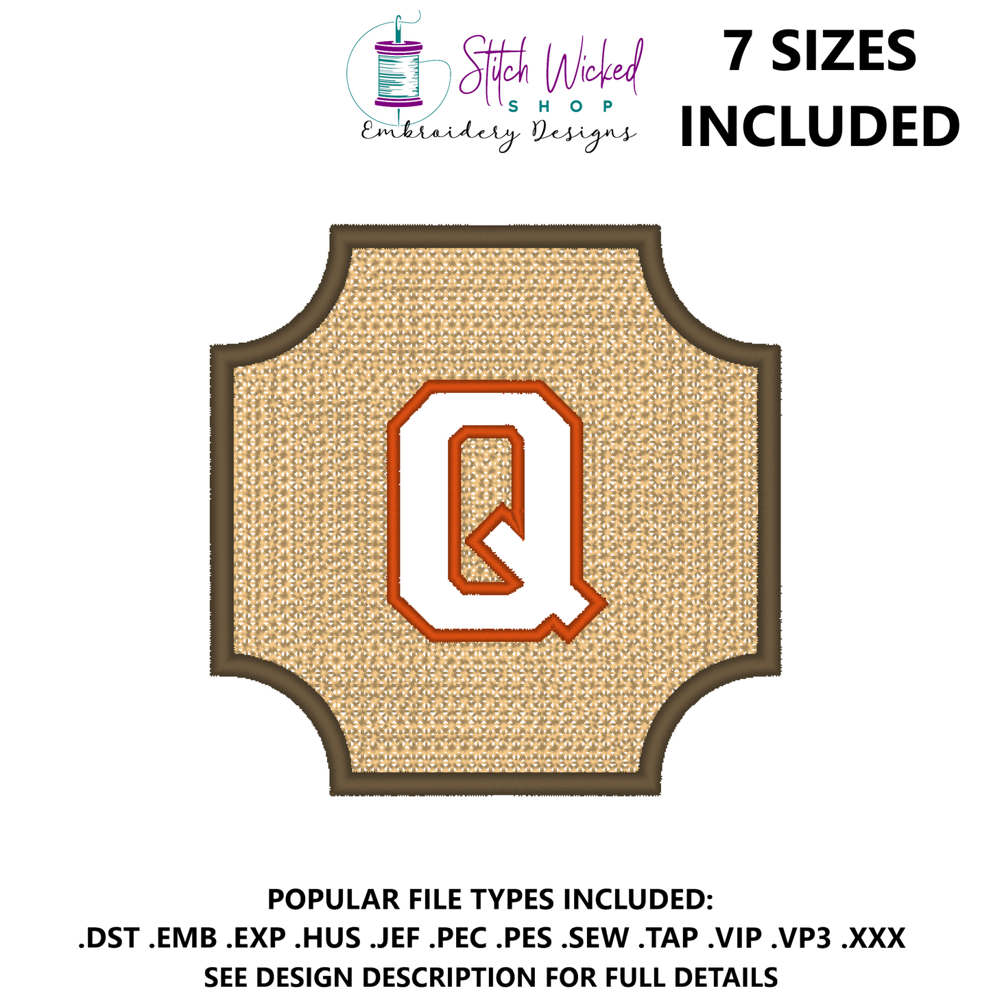 Embossed Varsity Letter Monogram Embroidery Design, Letter Q