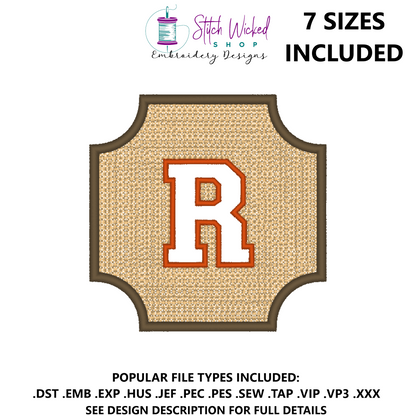 Embossed Varsity Letter Monogram Embroidery Design, Letter R