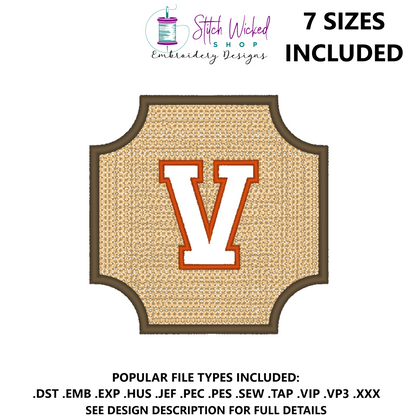 Embossed Varsity Letter Monogram Embroidery Design, Letter V