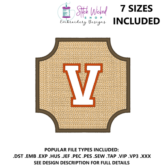 Embossed Varsity Letter Monogram Embroidery Design, Letter V