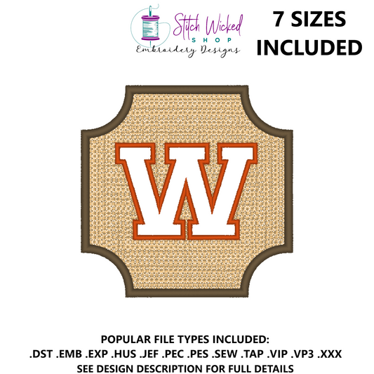Embossed Varsity Letter Monogram Embroidery Design, Letter W