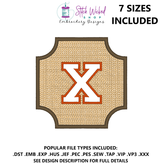 Embossed Varsity Letter Monogram Embroidery Design, Letter X