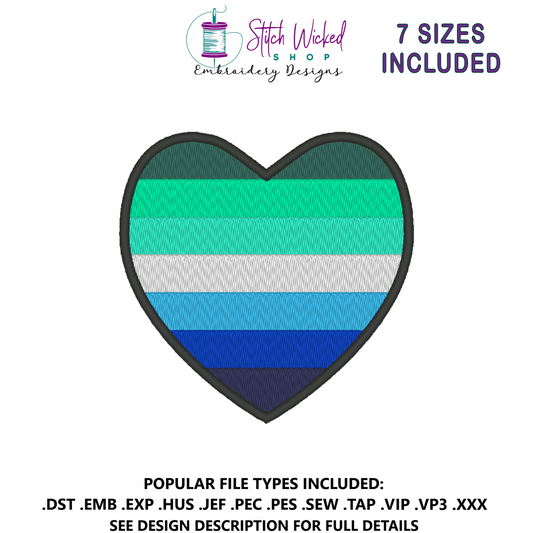 Gay Men's Pride Flag Heart Embroidery Design, Heart Pride Flag Patch, 7 Sizes Included