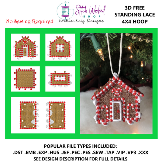 Free Standing Lace Gingerbread House Decoration, FSL Candy Cane Gingerbread House, 4X4 Hoop