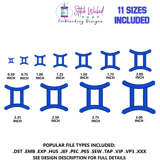 Gemini Mini Satin Stitch Zodiac Symbol Embroidery Design