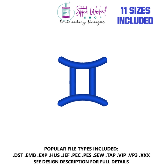 Gemini Mini Satin Stitch Zodiac Symbol Embroidery Design