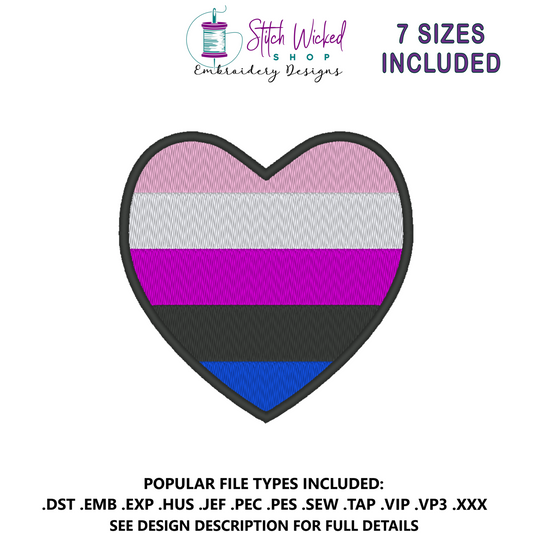 Genderfluid Pride Flag Heart Embroidery Design, Heart Pride Flag Patch, 7 Sizes Included
