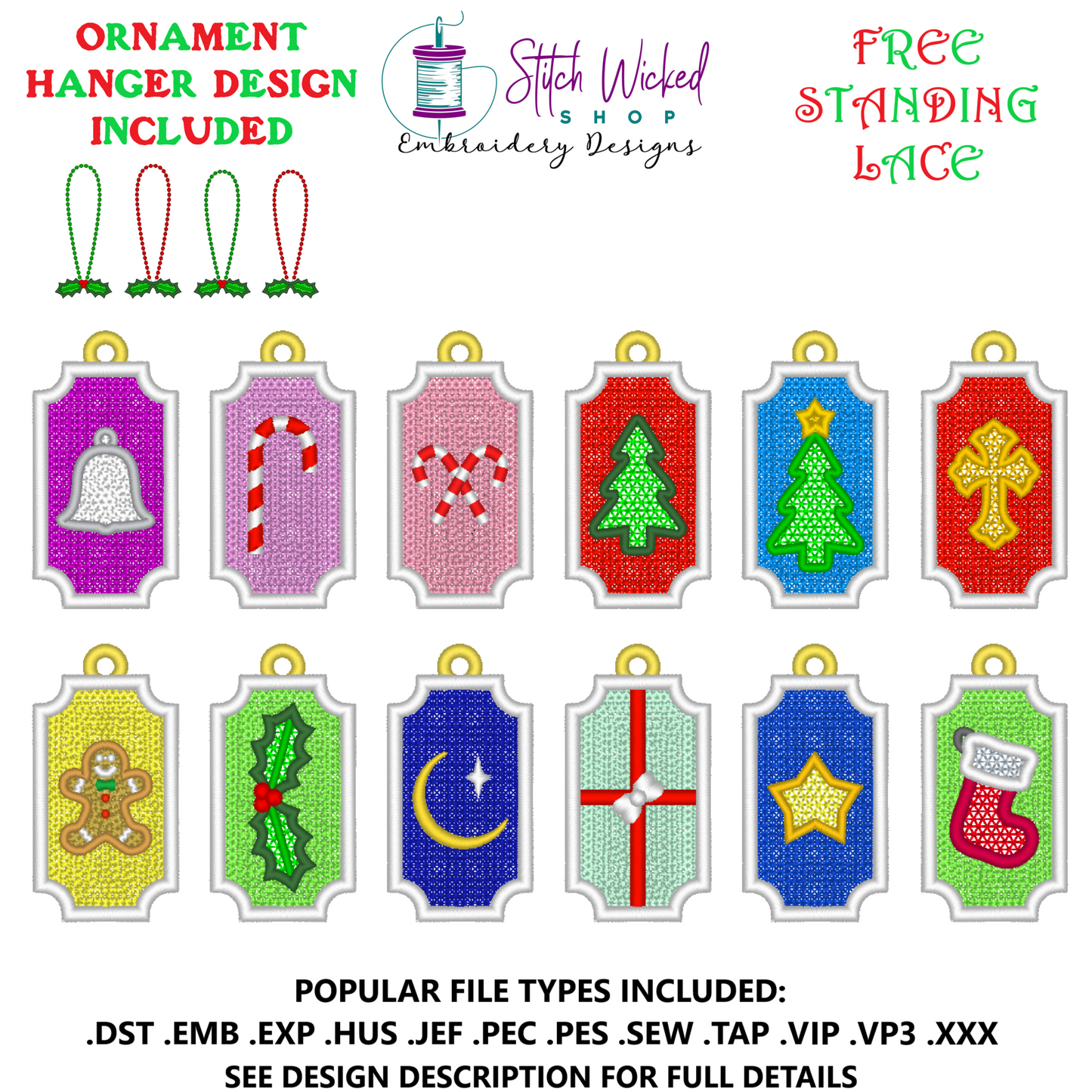 Free Standing Lace Gift Tag Christmas Ornament Design Bundle With Holly Berry Hanger, Machine Embroidery Designs