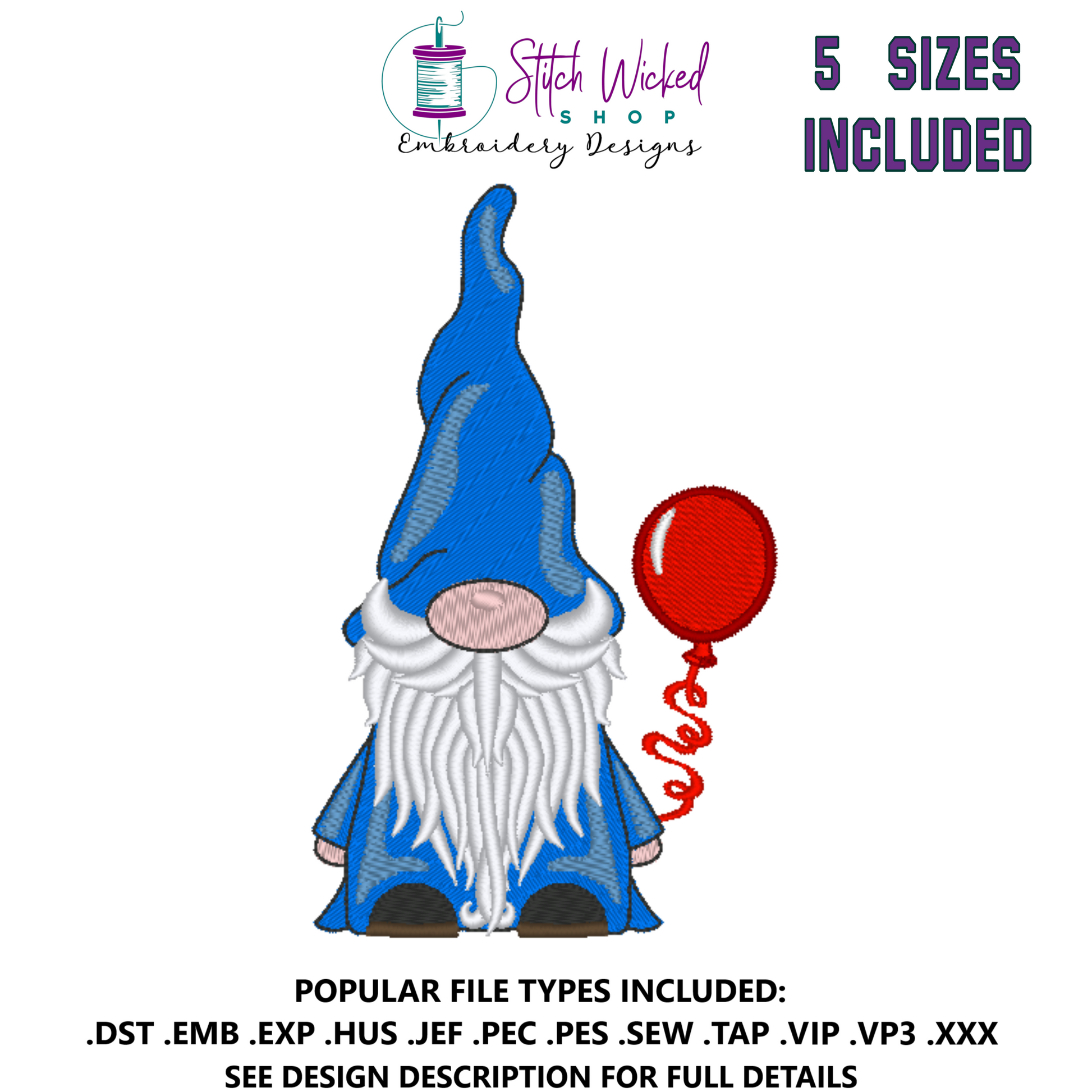 Gnome Machine Embroidery Design, Balloon Gnome - Stitch Wicked Shop