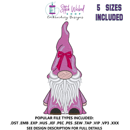 Gnome Machine Embroidery Design, Gnome with Hat Bow