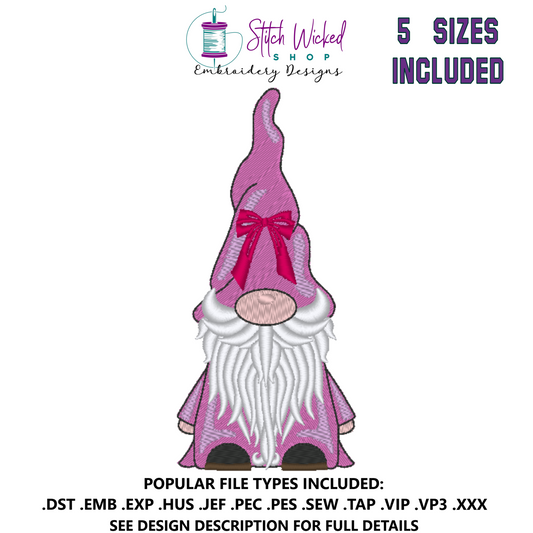 Gnome Machine Embroidery Design, Gnome with Hat Bow