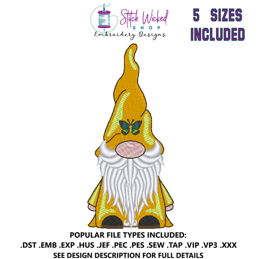 Gnome Machine Embroidery Design, Gnome with Butterfly Hat