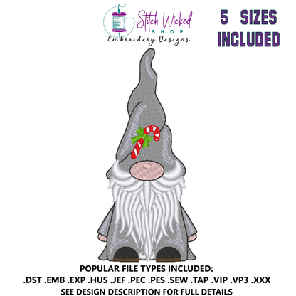 Gnome Machine Embroidery Design, Christmas Gnome with Candy Cane Hat
