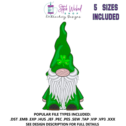 Gnome Machine Embroidery Design, Gnome with Clover Hat