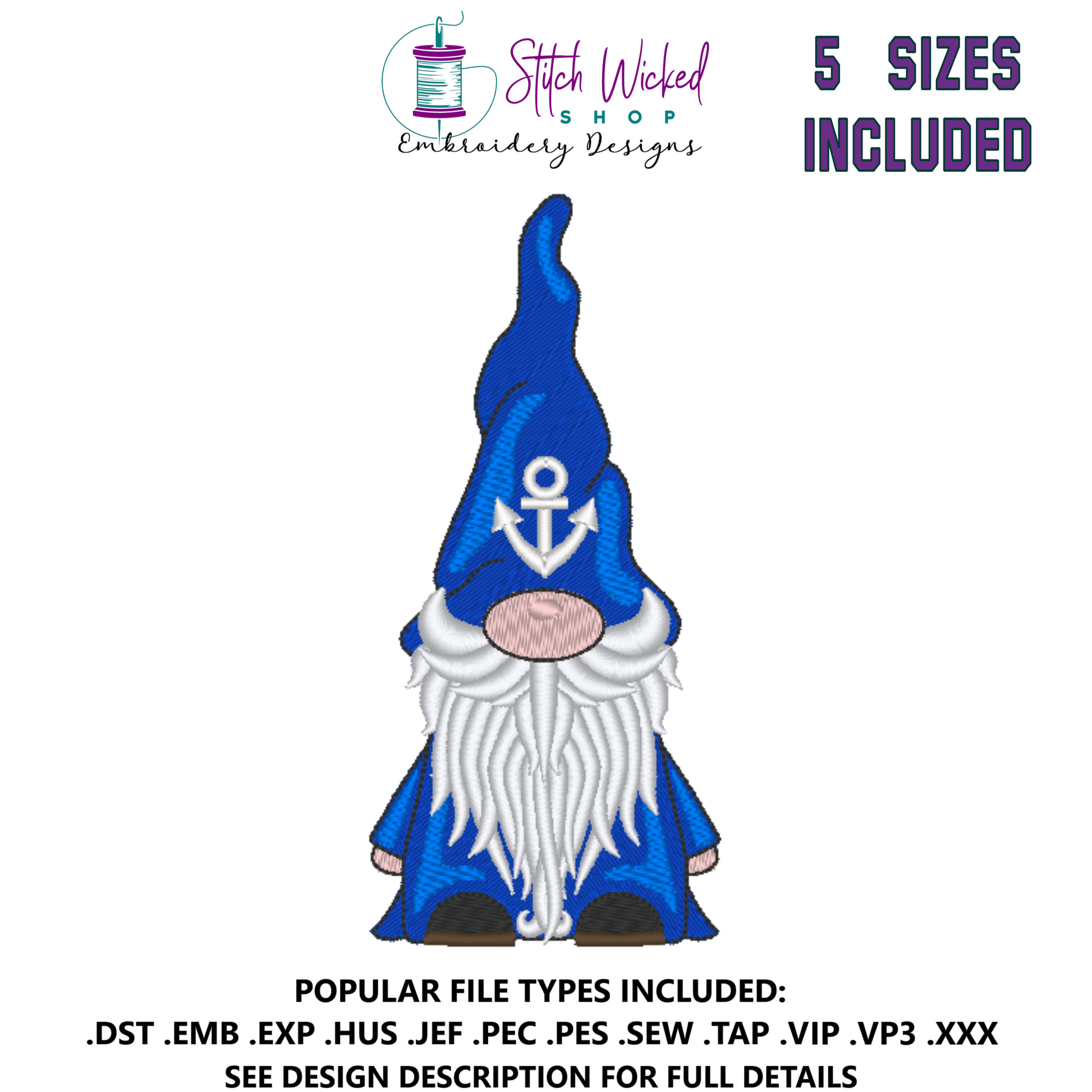 Gnome Machine Embroidery Design, Anchor Hat - Stitch Wicked Shop