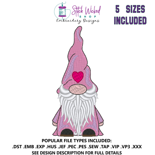 Gnome Machine Embroidery Design, Gnome with Heart Hat