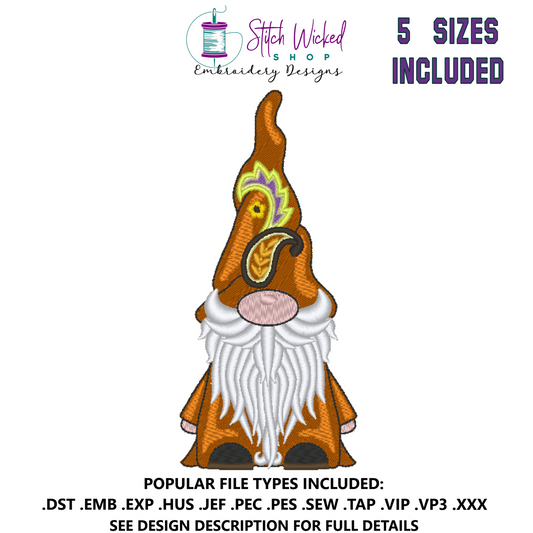 Gnome Machine Embroidery Design, Gnome with Paisley Hat