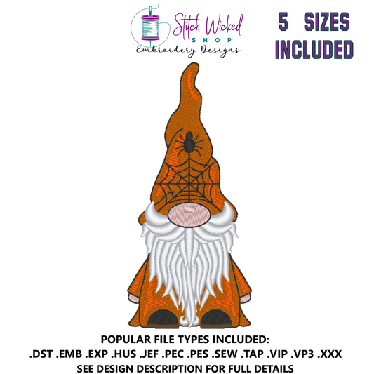 Gnome Machine Embroidery Design, Spider Web Hat Gnome