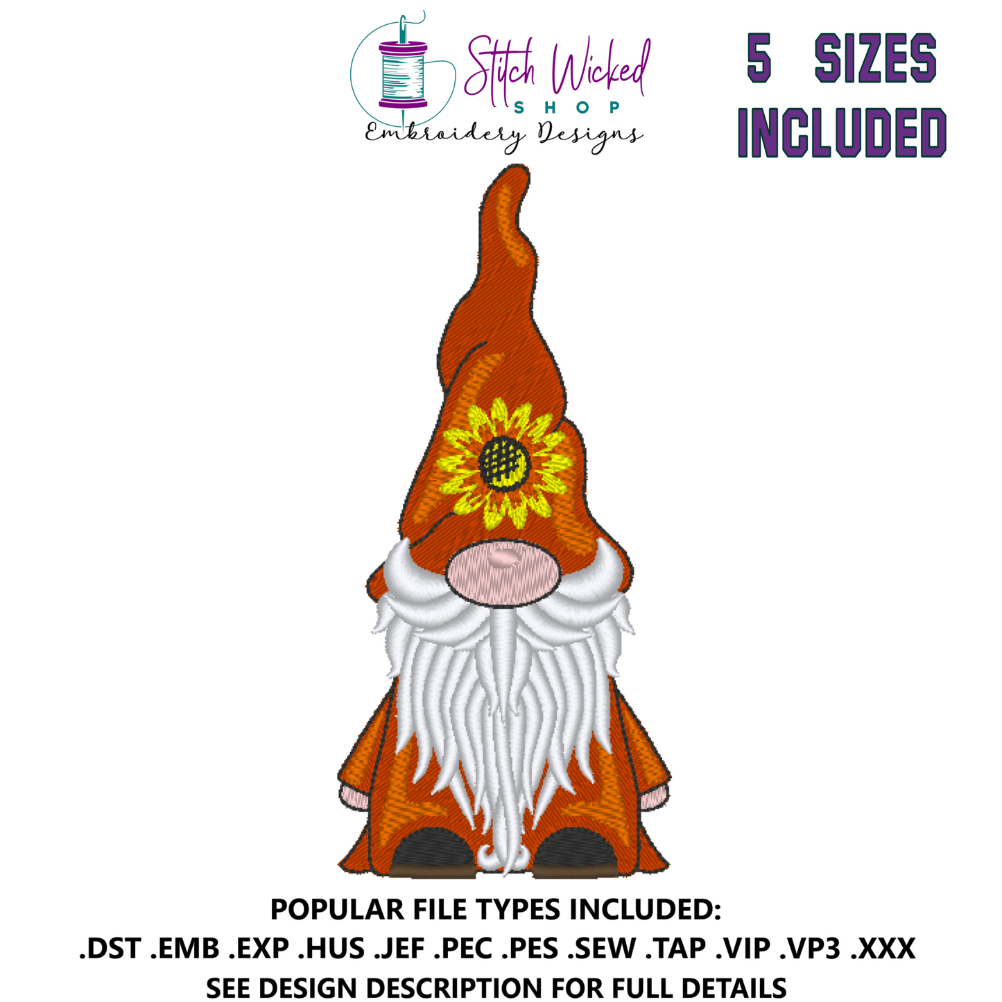 Gnome Machine Embroidery Design, Gnome with Sunflower Hat