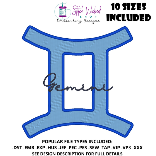 Gemini Zodiac Embroidery Design, Astrology Script Design