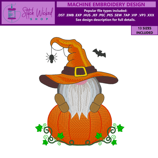 Halloween Gnome Embroidery Design, Pumpkin Gnome Machine Embroidery Design, Bats and Spider, 13 Sizes Included, Digital Download