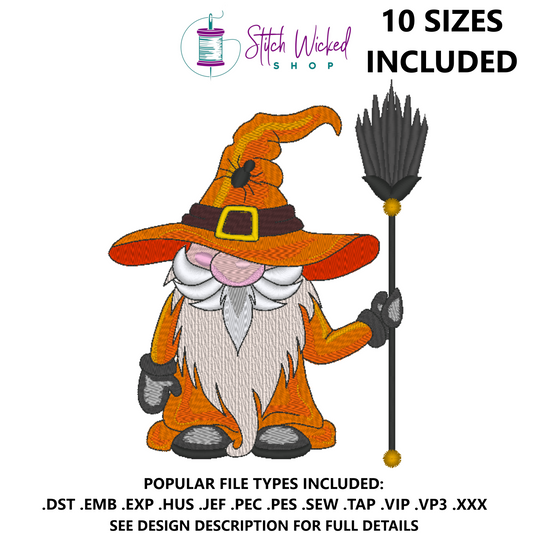Halloween Gnome Embroidery Design, Fall Gnome With Broom