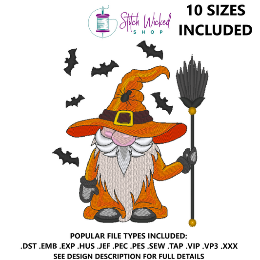 Halloween Gnome Embroidery Design, Fall Gnome With Broom and Bats