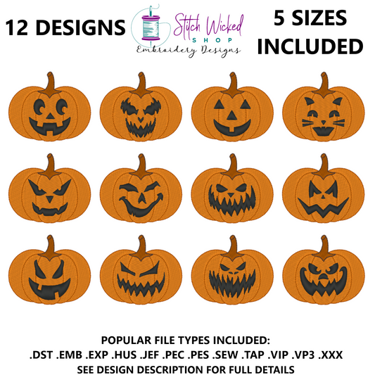 Jack O Lantern Machine Embroidery Design Bundle, 12 Days of Pumpkins Spooky Season Design Bundle