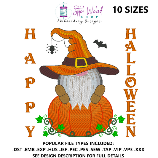 Halloween Pumpkin Gnome Machine Embroidery Design, Happy Halloween
