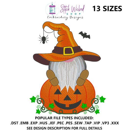 Halloween Pumpkin Gnome Embroidery Design, Jack O Lantern