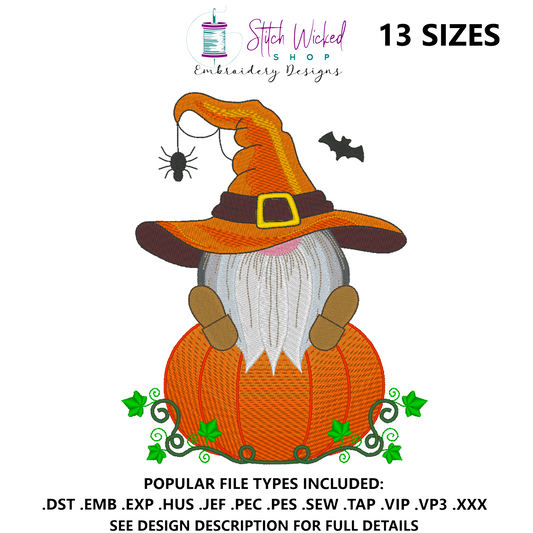 Halloween Pumpkin Gnome Embroidery Design, Pumpkin, Bats and Spider