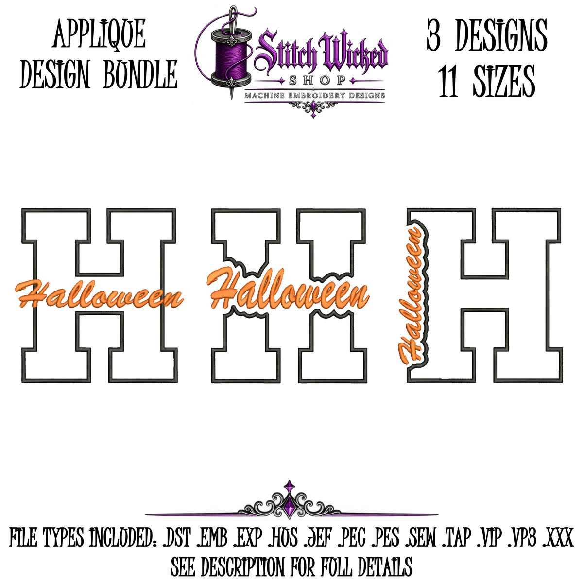 Halloween Varsity Letter H Applique Embroidery Design Bundle, 3 Designs With 11 Sizes