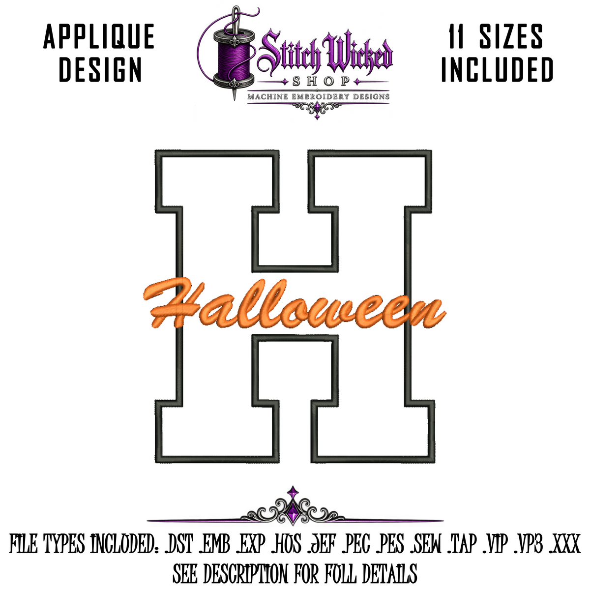 Halloween Varsity Letter H Applique Embroidery Design Bundle, 3 Designs With 11 Sizes