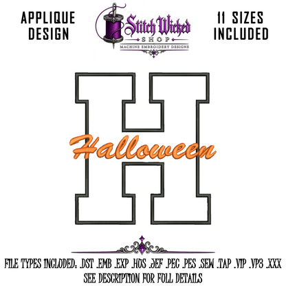 Halloween Varsity Letter H Applique Embroidery Design Bundle, 3 Designs With 11 Sizes