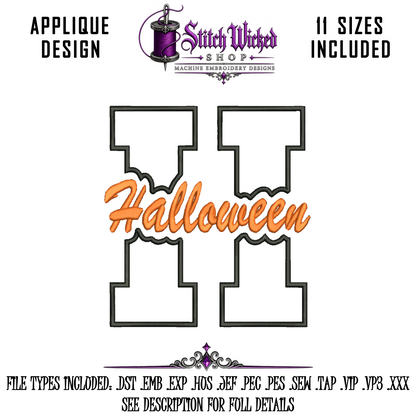 Halloween Varsity Letter H Applique Embroidery Design Bundle, 3 Designs With 11 Sizes