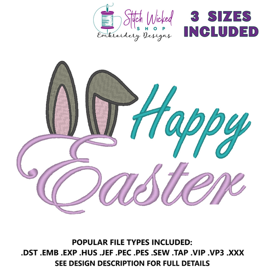 Happy Easter Bunny Rabbit Ears Embroidery Design